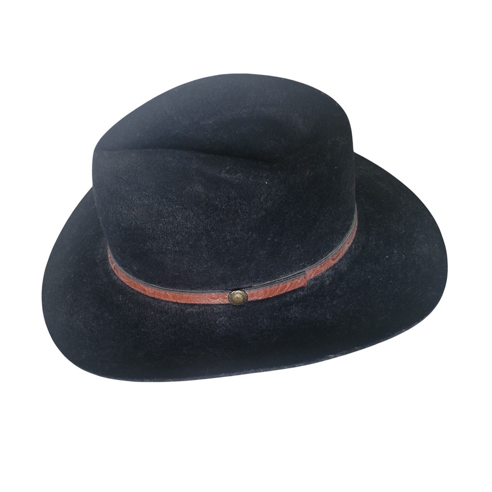 Vtg Mallory by Stetson Woodland Black Wool Cowboy Hat Fedora Wide Brim 7 1/8